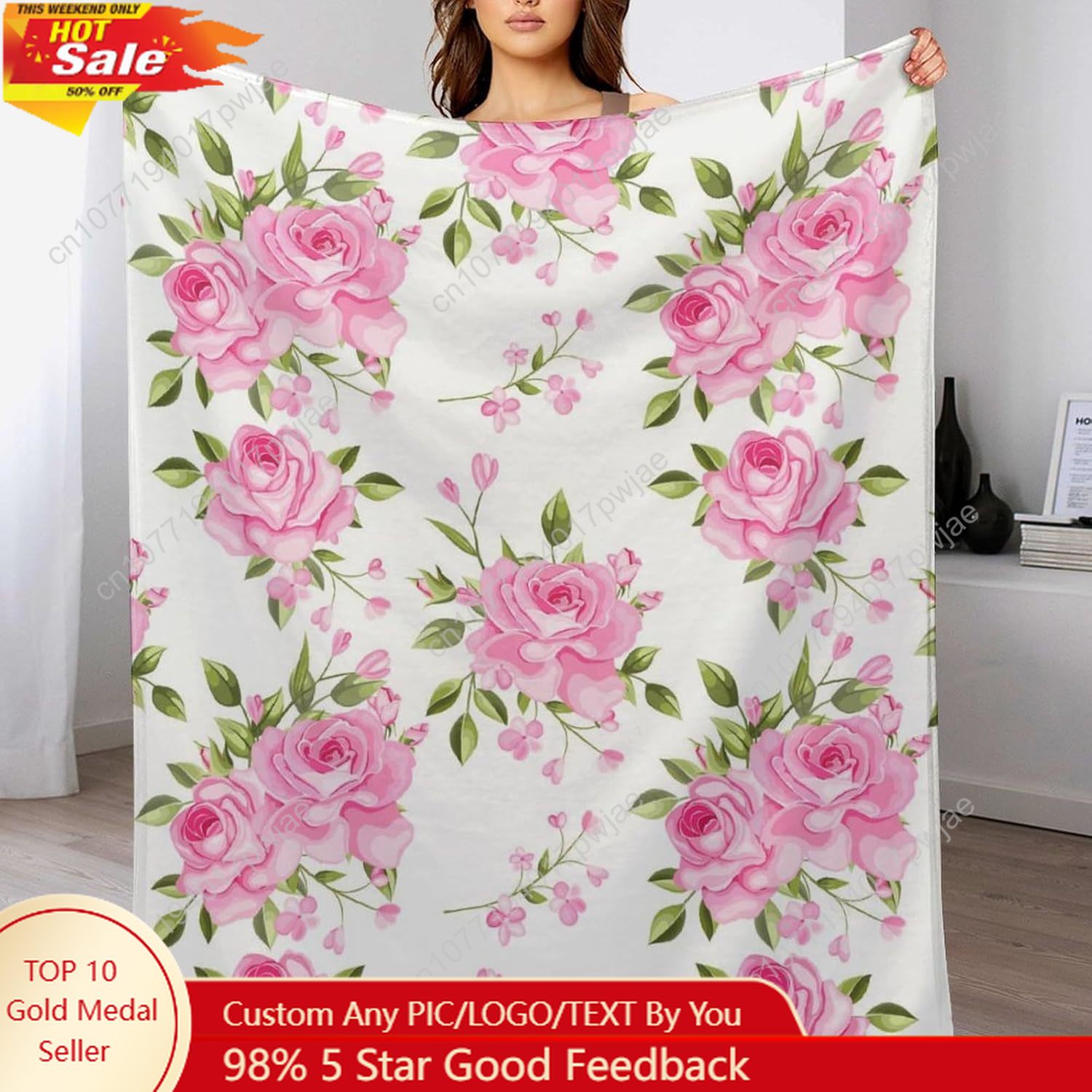 Quality Home Textiles - Pembe Çiçekli Battaniye Çiçek Desenli Dekoratif