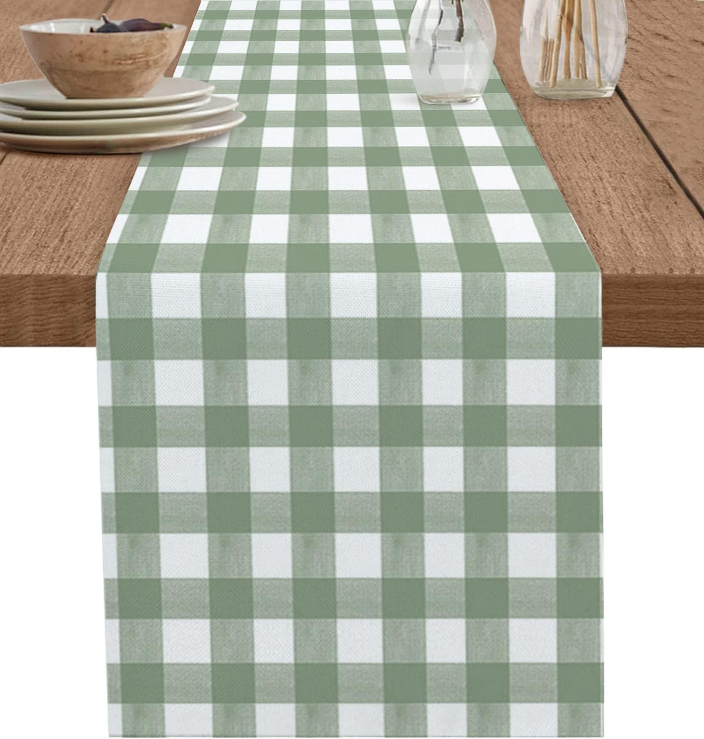 Linum Home Textiles - Yeşil Buffalo Ekose Keten Masa Koşucu